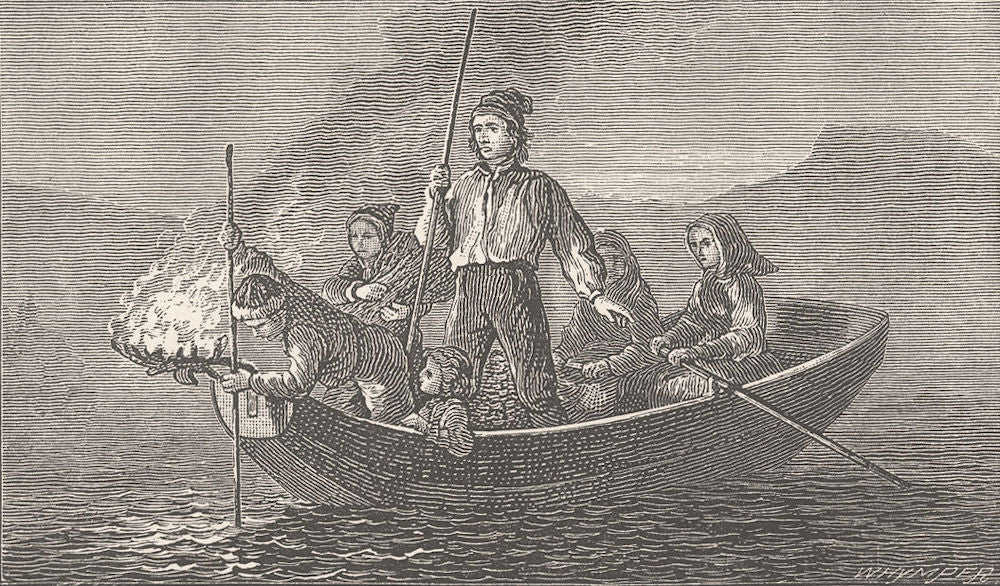 NORWAY. Salmon spearing by night. SMALL 1890 old antique vintage print picture